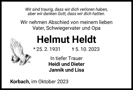 Traueranzeige von Helmut Heldt von WLZ