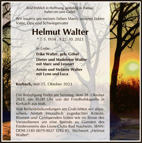Traueranzeige von Helmut Walter von WLZHNA