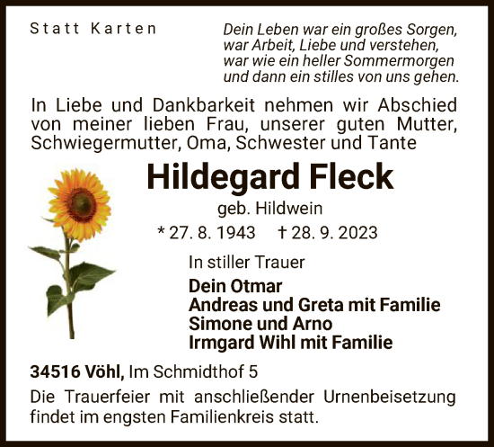 Traueranzeige von Hildegard Fleck von WLZHNA