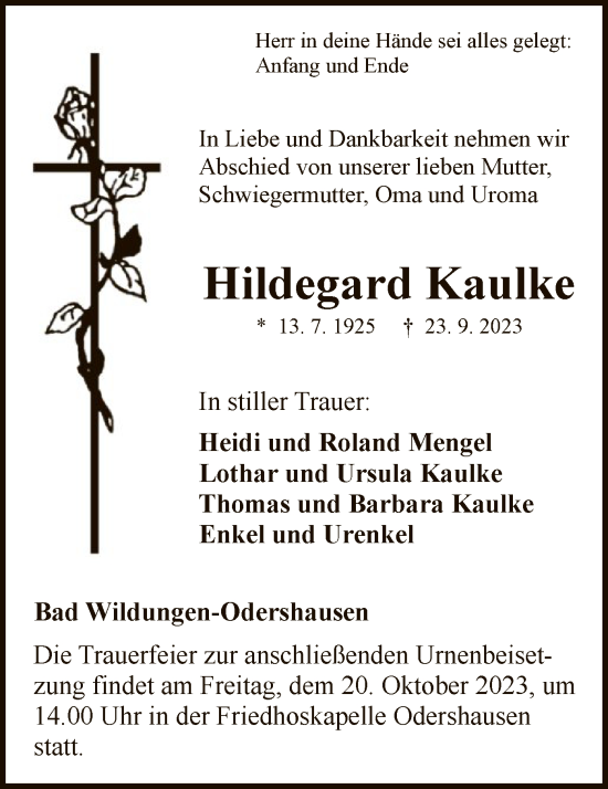 Traueranzeige von Hildegard Kaulke von WLZ