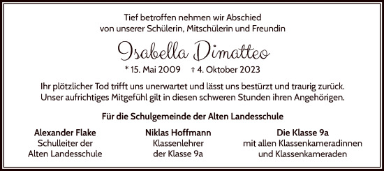 Traueranzeige von Isabella Dimatteo von WLZ