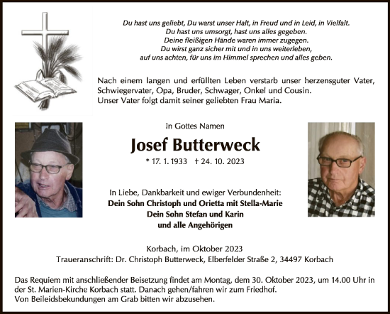 Traueranzeige von Josef Butterweck von WLZ
