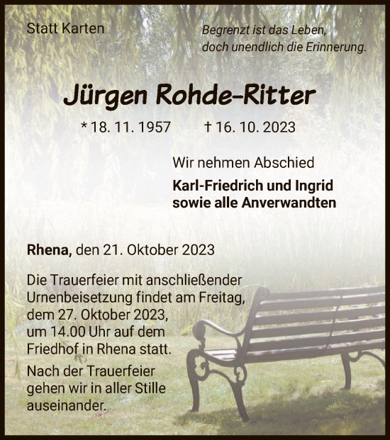 Traueranzeige von Jürgen Rohde-Ritter von WLZ