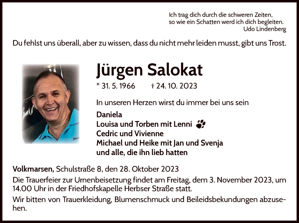  Traueranzeige für Jürgen Salokat vom 28.10.2023 aus WLZ