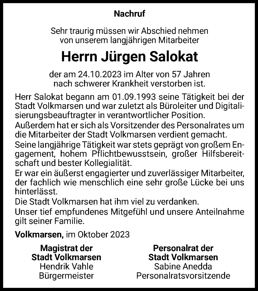  Traueranzeige für Jürgen Salokat vom 28.10.2023 aus WLZ