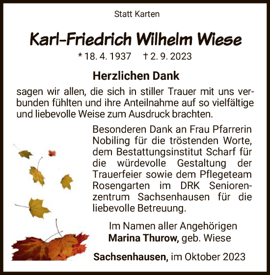 Traueranzeige von Karl-Friedrich Wilhelm Wiese von WLZ