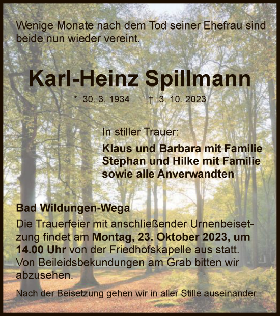 Traueranzeige von Karl-Heinz Spillmann von WLZ
