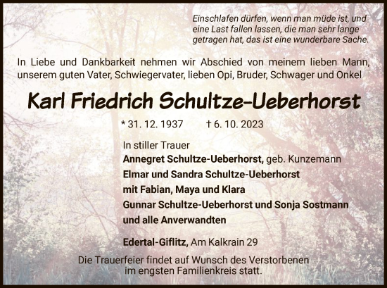 Traueranzeige von Karl Friedrich Schultze-Ueberhorst von WLZ