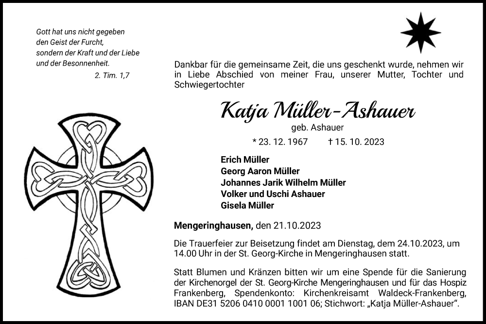  Traueranzeige für Katja Müller-Ashauer vom 21.10.2023 aus WLZ