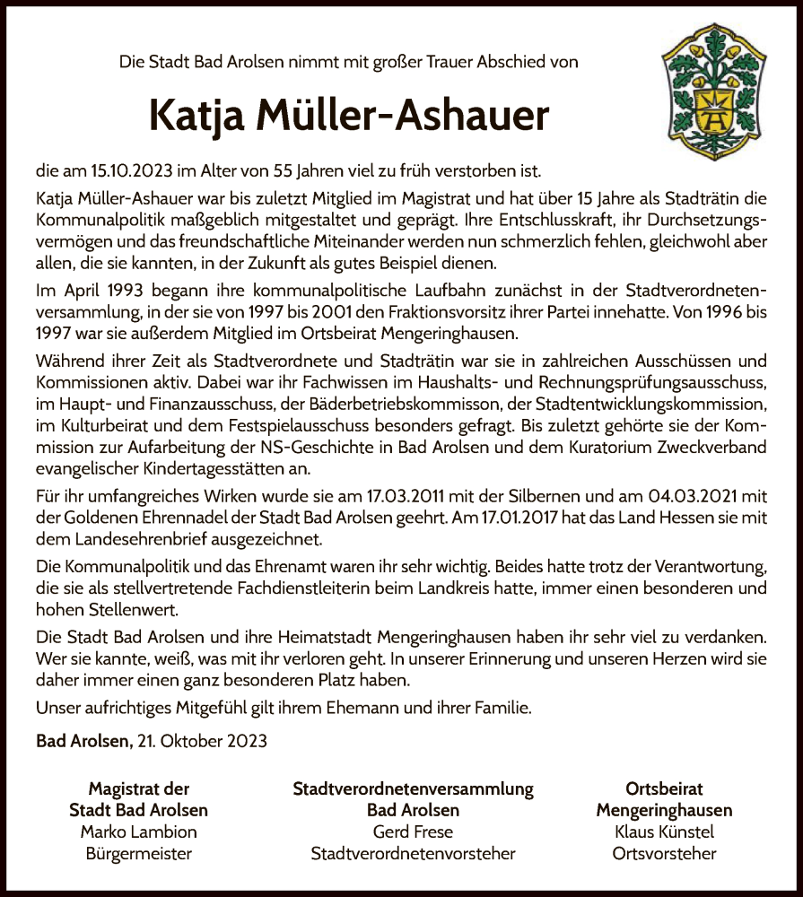  Traueranzeige für Katja Müller-Ashauer vom 21.10.2023 aus WLZ