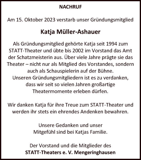 Traueranzeige von Katja Müller-Ashauer von WLZ