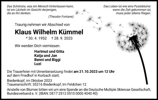 Traueranzeige von Klaus Wilhelm Kümmel von WLZ