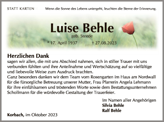 Traueranzeige von Luise Behle von WLZ