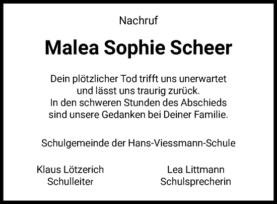 Traueranzeige von Malea Sophie Scheer von WLZ