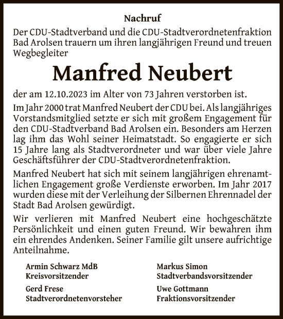 Traueranzeige von Manfred Neubert von WLZ