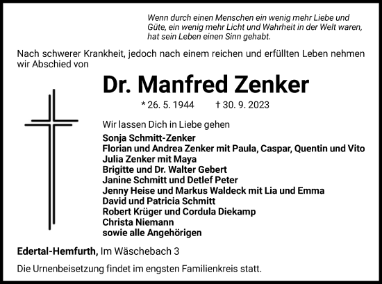 Traueranzeige von Manfred Zenker von WLZ