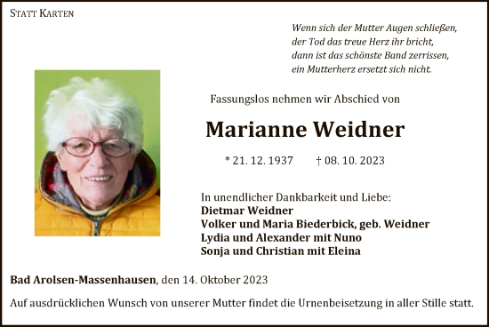 Traueranzeige von Marianne Weidner von WLZ