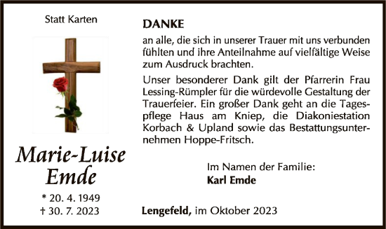 Traueranzeige von Marie-Luise Emde von WLZ