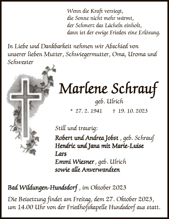 Traueranzeige von Marlene Schrauf von WLZ