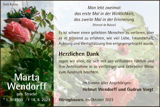 Traueranzeige von Marta Wendorff von WLZ