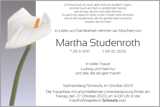 Traueranzeige von Martha Studenroth von HNAWLZ