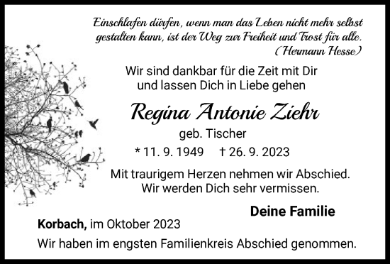 Traueranzeige von Regina Antonie Ziehr von WLZ