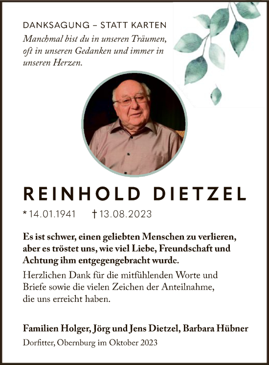 Traueranzeige von Reinhold Dietzel von WLZ