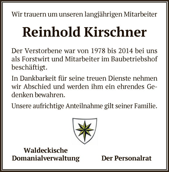 Traueranzeige von Reinhold Kirschner von WLZ