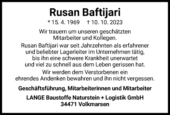 Traueranzeige von Rusan Baftijari von WLZ