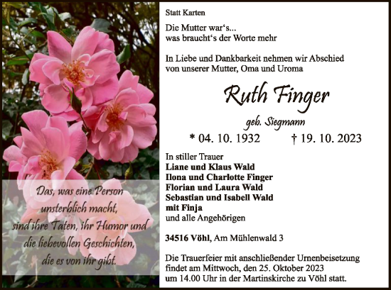 Traueranzeige von Ruth Finger von WLZ