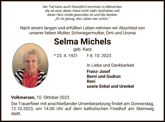 Traueranzeige von Selma Michels von WLZ