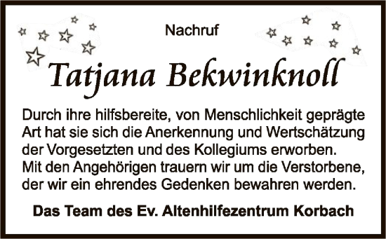 Traueranzeige von Tatjana Bekwinknoll von WLZ