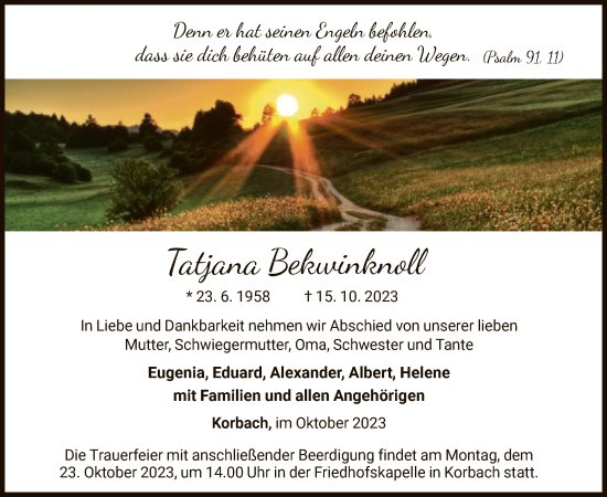 Traueranzeige von Tatjana Bekwinknoll von WLZ