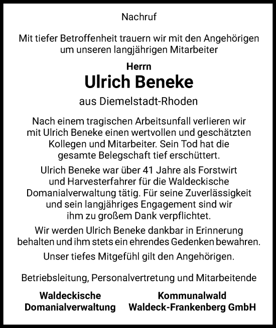 Traueranzeige von Ulrich Beneke von WLZ