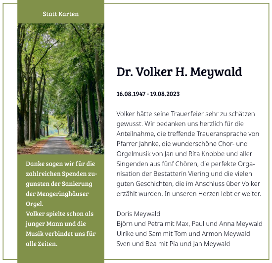 Traueranzeige von Volker H. Meywald von WLZ