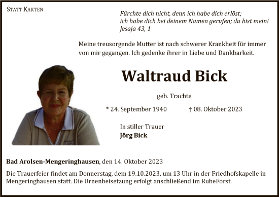 Traueranzeige von Waltraud Bick von WLZ