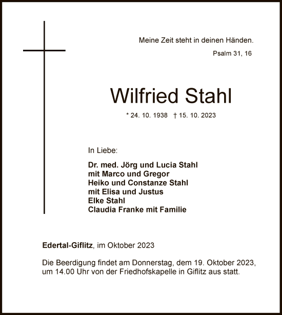 Traueranzeige von Wilfried Stahl von WLZ