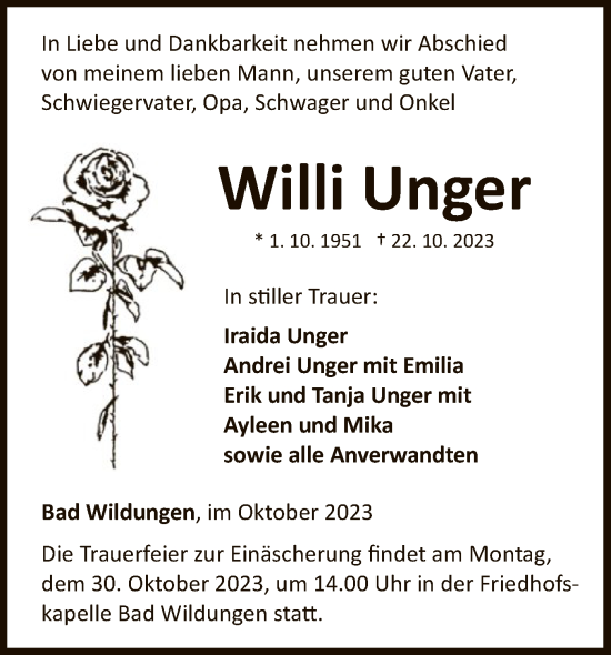 Traueranzeige von Willi Unger von WLZ