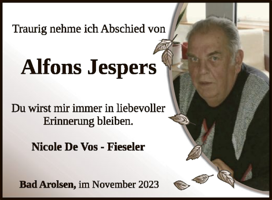 Traueranzeige von Alfons Jespers von WLZ