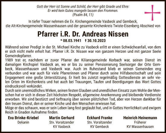 Traueranzeige von Andreas Nissen von WLZ