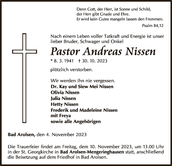 Traueranzeige von Andreas Nissen von WLZ