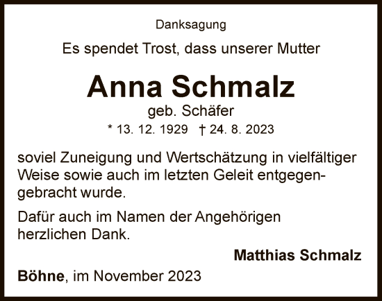 Traueranzeige von Anna Schmalz von WLZ