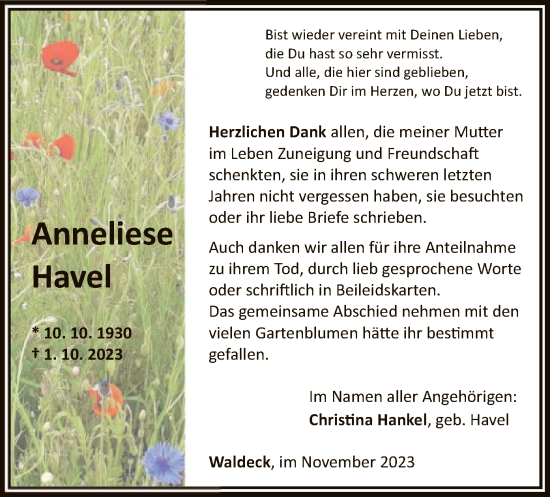 Traueranzeige von Anneliese Havel von WLZ