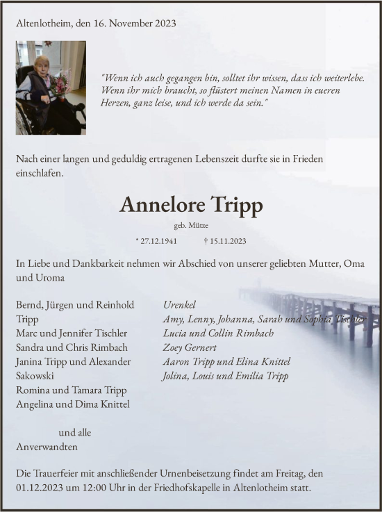 Traueranzeige von Annelore Tripp von HNAWLZ