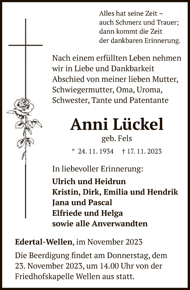  Traueranzeige für Anni Lückel vom 21.11.2023 aus WLZ