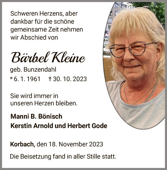 Traueranzeige von Bärbel Kleine von WLZ