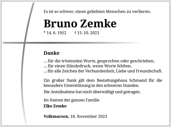 Traueranzeige von Bruno Zemke von WLZ