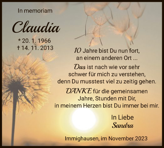 Traueranzeige von Claudia  von WLZ