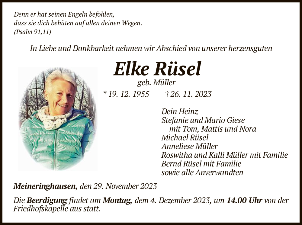  Traueranzeige für Elke Rüsel vom 29.11.2023 aus WLZ