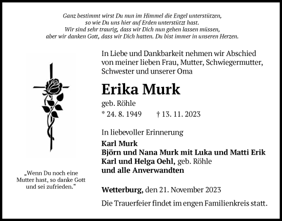 Traueranzeige von Erika Murk von WLZ